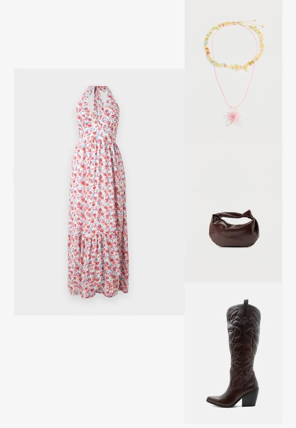 Blomster maxi kjole med halterneck design, farverigt rødt og blåt blomster mønster på en lys baggrund, med en tiered nederdel.; Høj mørkebrun læder cowboystøvle med syede dekorative mønstre, spids tå og stablet blokhæle.; Mørkebrun læder skuldertaske med en blød, afslappet form og et snoet knudehåndtag på en ensartet hvid baggrund.; To halskæder: den ene med flerfarvede rå perler og guldlås, den anden en lyserød snor med en gennemsigtig stjerneformet vedhæng med en lyserød blomst.