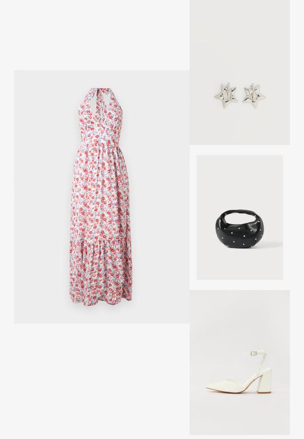 Bloemrijke maxi-jurk met halternek ontwerp, kleurrijk rood en blauw bloemendessin op een lichte achtergrond, met een gelaagde rok.; Witte hakken sandaal met een puntige neus, verstelbaar enkelbandje en een stevige vierkante hak. Gladde textuur met minimale stiksels.; Zwarte leren handtas met een afgeronde vorm, versierd met zilveren studs, en een korte handgreep. Gladde textuur en ritsluiting.; Zilverkleurige stervormige oorringen met een gladde, gepolijste afwerking op een effen witte achtergrond.