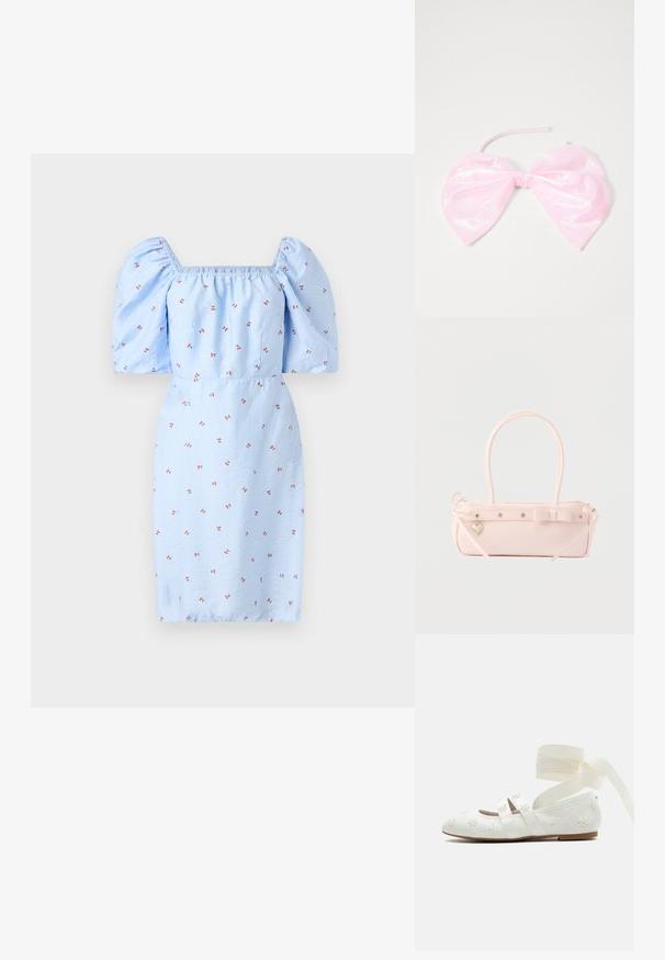 Blå kjole med puffærmer, firkantet udskæring og blomsterdesign med små røde blomster på et tekstureret stof. Tæt siddende i taljen.; Hvid balletfladskor med broderede blomster, dobbelte remme hen over foden og lange bånd til at binde om anklen på en ensfarvet baggrund.; Lyserød rektangulær håndtaske med dobbelte håndtag, dekorativ sløjfe, metalnitter og lille hjerteformet vedhæng på en ensfarvet baggrund.; Lyserød, blank hårtilbehør formet som en stor sløjfe, med en glat overflade og et tyndt bånd til at sikre den på plads.