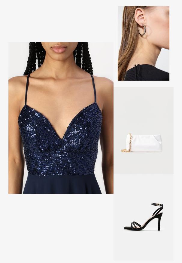 Marineblå kjole med v-hals design og perler på livet samt tynde skulderstropper. Skirtet falder glat fra taljen.; Anna Field by Zalando Sandaler - black; Hvid blød clutchtaske med guld kæderem pyntet med klare ædelsten, sat mod en ensfarvet lys grå baggrund.; Sølv hoop ørestik med en poleret overflade, prydet med små guld accenter og en rund form, båret på øreflippen.