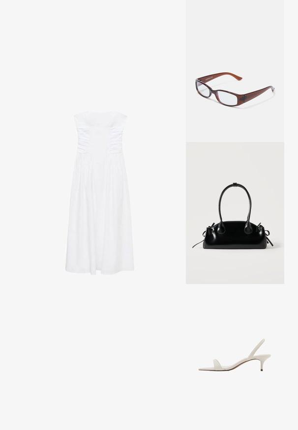 Hvid stropløs midi-kjole med rynkede detaljer på overdelen og en flydende nederdel. Glat tekstur med et enkelt, elegant design.; Hvid åben tå slingback-sandal med lav kitten-hæl og en enkelt frontrem.; Brune-farvede rektangulære briller med en glat overflade, der har slanke arme og gennemsigtige linser. Logoet er synligt på venstre temple.; Lille sort blank håndtaske med to lange håndtag og snøre-detaljer i siden på en ensfarvet lys baggrund.