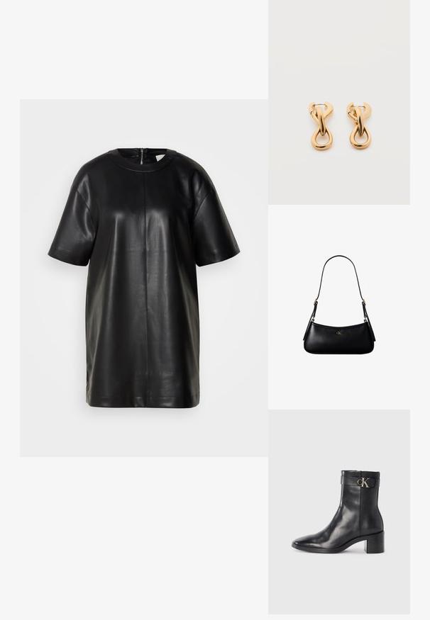 Haut en cuir noir à manches courtes avec encolure ronde et fermeture éclair au dos. Présente une texture lisse et une silhouette simple.; Botte de cheville en cuir noir avec un bout pointu, un talon carré et une sangle avec un détail de logo métallique. Texture lisse et design minimaliste.; Mini sac à bandoulière en cuir noir avec une fine bandoulière et un petit logo CK doré au centre avant.; Paire de boucles d'oreilles créoles en bouclettes dorées brillantes sur fond blanc uni, présentant un design torsadé entrelacé.