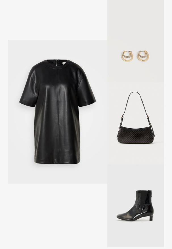 Musth nahkaste lühikeste varrukatega topp ümmarguse kaelusega ja selja lukuga. Omab sileda tekstuuri ja lihtsat siluetti.; Castañer ALEGRA - Klassikalised poolsaapad - black; Mustast geomeetrilised mustrid omav kott, millel on kumer kuju, sile tekstuur ning pikk reguleeritav rihm; sisaldab kuldse tooni riistvara aksessuaare.; Kuldsed rõngakujulised kõrvarõngad, väiksema sisemise rõngaga, mis on kaetud läbipaistvate kivikestega, valgel taustal eksponeeritud.