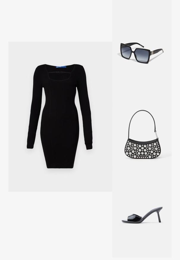 Karl Lagerfeld Jeans LOGO DRESS - Neulemekko - black; Musta kiiltävä patenttinahasta valmistettu avokärkinen korkokenkä, jossa on käyrä yläosa ja kapeneva piikkikorko. Sileä kiiltävä pinta.; Mustat neliöaurinkolasit, joissa on gradienttilinssit, voimakas logo sivulla, paksut kehykset ja sileä pinta.; Musta nahkainen käsilaukku, jossa on kaareva muotoilu, varustettuna erikokoisilla hopeanvärisillä niiteillä ja lyhyellä hihnalla. "HUGO"-logo on painettu etuosaan.