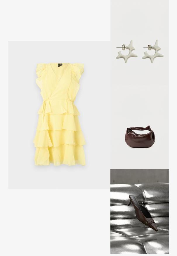 Vestido amarillo ajustado con mangas con volantes y capas en capas, con una cintura ceñida y tejido suave y ligero.; Mule de tacón marrón con punta puntiaguda y detalle de hebilla, flotando sobre una superficie de cuero plateado brillante y capitoné.; Bolso de hombro de cuero marrón oscuro con una forma suave y caída, y un asa con nudo torcido sobre un fondo blanco liso.; Pendientes plateados con un diseño distintivo y abstracto, con formas irregulares y acabado brillante. Incluyen cierre de tuerca para su sujeción.