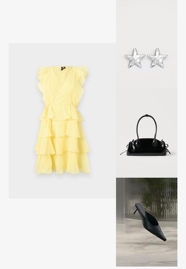 Vestido amarillo ajustado con mangas con volantes y capas en capas, con una cintura ceñida y tejido suave y ligero.; Zapato mule negro de punta fina con tacón alto y delgado flotando sobre un suelo de hormigón liso, con un fondo desenfocado de rayas verticales.; Pequeño bolso negro brillante con dos asas largas y detalles de cordón lateral sobre un fondo claro liso.; Pendientes en forma de estrella plateada con una superficie pulida y brillante. Cada pendiente presenta cinco puntas y sutiles detalles de textura en la superficie.