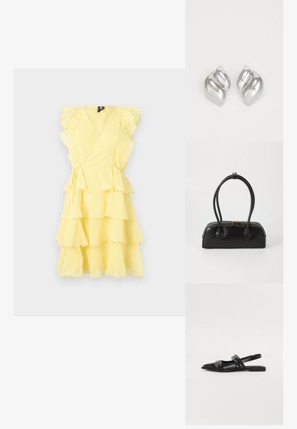 Vestido amarillo ajustado con mangas con volantes y capas en capas, con una cintura ceñida y tejido suave y ligero.; Even&Odd by Zalando Bailarinas con tira trasera - black; Bolso de mano de cuero negro con dos asas alargadas, cierre de cremallera y forma redondeada; textura suave con un acabado ligeramente brillante.; Pendientes de plata con una forma orgánica y abstracta. Superficie lisa y brillante con un diseño cónico. Presentan suaves curvas y un detalle de línea central.