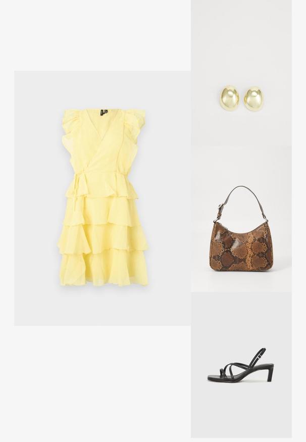 Vestido amarillo ajustado con mangas con volantes y capas en capas, con una cintura ceñida y tejido suave y ligero.; Sandalia negra de tiras con punta cuadrada y tacón bajo de bloque. Presenta múltiples tiras delgadas y una correa ajustable en el tobillo. Fabricada en cuero suave.; Pequeño bolso de mano con un patrón de piel de serpiente marrón y negro, correa corta ajustable y cierre de cremallera.; Pendientes de metal en tono dorado, con forma suave y redondeada y acabado pulido. Diseño sencillo sin adornos adicionales.