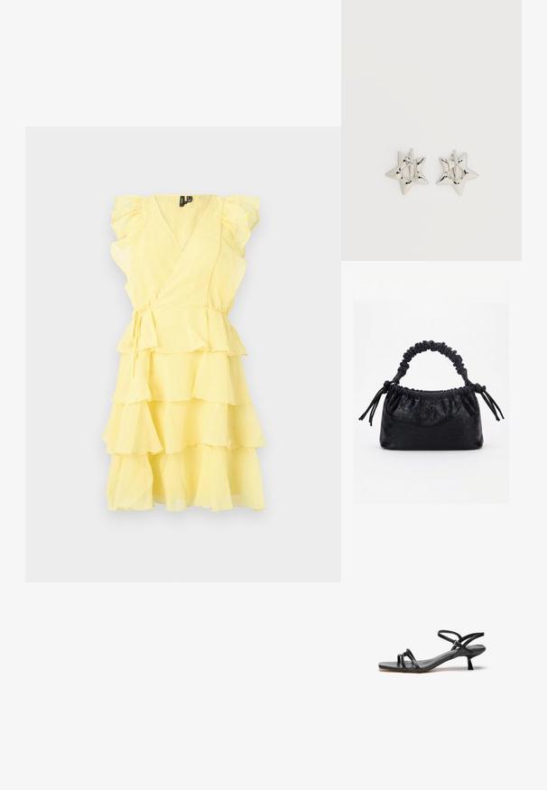 Vestido amarillo ajustado con mangas con volantes y capas en capas, con una cintura ceñida y tejido suave y ligero.; Sandalia de cuero negro con un diseño elegante y minimalista. Presenta dos correas delgadas y un pequeño tacón inclinado. Textura suave y punta abierta.; Bolso negro con textura de cocodrilo, borde superior fruncido, asa recogida y cordones con borlas en cada lado sobre un fondo blanco.; Pendientes de aro plateados en forma de estrella con un acabado liso y pulido sobre un fondo blanco liso.