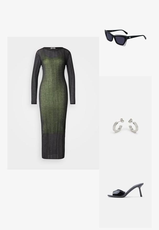 Vestido de manga larga y con relieve, que presenta un degradado de verde oscuro a negro. Está hecho de una tela ligera y texturada. Diseño de largo hasta el suelo.; Sandalias de tacón con punta abierta de charol negro, con un diseño superior curvado y tacón de aguja cónico. Acabado liso y brillante.; Gafas de sol negras de gran tamaño con una forma geométrica, que presentan lentes oscuros y un detalle gris contrastante en la montura. Logo en la pata.; Pendientes aros de metal plateado con un diseño texturizado, que cuentan con un pequeño respaldo de clip y una marca en uno de los aros. Forma redondeada con un acabado pulido.