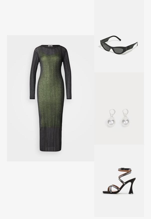 Vestido de manga larga y con relieve, que presenta un degradado de verde oscuro a negro. Está hecho de una tela ligera y texturada. Diseño de largo hasta el suelo.; Sandalia negra de tacón alto con tira de tobillo en espiral, decorada con acentos metálicos cuadrados, punta abierta y un diseño de tacón curvado elegante.; Gafas de sol negras con un marco delgado y angular, lentes oscuros y detalle de logo embosado en la patilla. Acabado suave mate.; Pendientes de plata en forma de gota con superficies redondas y reflectantes colgando de cierres de palanca. El fondo es blanco liso.