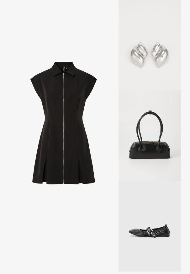 Schwarzes Kleid mit Kragen, kurzen angeschnittenen Ärmeln, Frontreißverschluss, A-Linien-Silhouette und seitlichen Schlitzen. Glattes Material mit matter Oberfläche.; Schwarze Leder-Ballerinas mit spitzem Zehenbereich, gerafften Details am Schaft und einem silbernen Schnallenakzent am verstellbaren Riemen.; Schwarze Lederhandtasche mit zwei verlängerten Griffen, Reißverschluss und runder Form; glatte Textur mit subtiler glänzender Oberfläche.; Silberne Ohrringe mit einer organischen, abstrakten Form. Glatte, glänzende Oberfläche mit einem konischen Design. Mit dezenten Kurven und einem zentralen Linienelement.