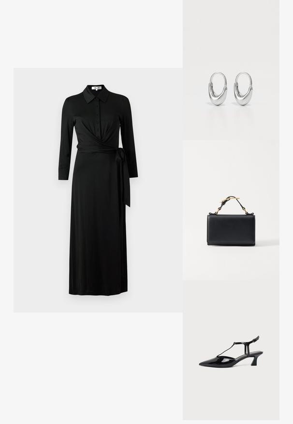 Must elsekleid musta värviga, mis on valmistatud siledast kangast, millel on krae, nööbiga ees, pikad varrukad, vöö ja täispikk seelik.; Mustast lakknahast terava otsaga slingback-kinga T-rihma ja madala kaldu plokktallaga valgel taustal.; Mustast nahast käekott, millel on ristkülikukujuline kuju, pealmise käepideme ja kuldse metallist detailsusega. Sile tekstuur, minimalistlik disain.; Hõbedased rõngakõrvarõngad, millel on kõver kuju ja tilga-sarnane disain, ning poleeritud pind. Omab kindlat klambrimehanismi ja sileda tekstuuri.