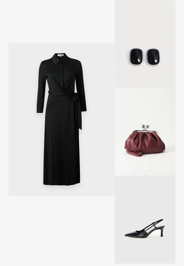 Vestido negro ajustado de tela suave, con cuello, botones en el frente, mangas largas, correa en la cintura y falda larga.; Tacón slingback negro de charol con punta afilada, que presenta un estampado de serpiente texturizado, correa ajustable y un tacón bloque corto y texturizado.; Pequeño bolso de mano de cuero burdeos con cierre metálico plateado y correa de muñeca sobre un fondo blanco.; Par de pendientes rectangulares de plata con piedras centrales negras y lisas sobre un fondo claro y liso.