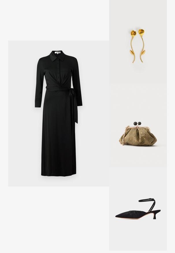 Vestido negro ajustado de tela suave, con cuello, botones en el frente, mangas largas, correa en la cintura y falda larga.; Zapato negro de tacón bajo con punta puntiaguda, parte superior fruncida y delgada correa de tobillo con hebilla, mostrado de perfil sobre fondo blanco.; Pequeño bolso de mano con patrón geométrico en dorado y negro, marco metálico dorado, cierre de bola negro y una corta correa de cadena dorada.; Pendientes de tono dorado con forma de flores, tallos curvados y una única hoja en cada tallo, sobre un fondo blanco.