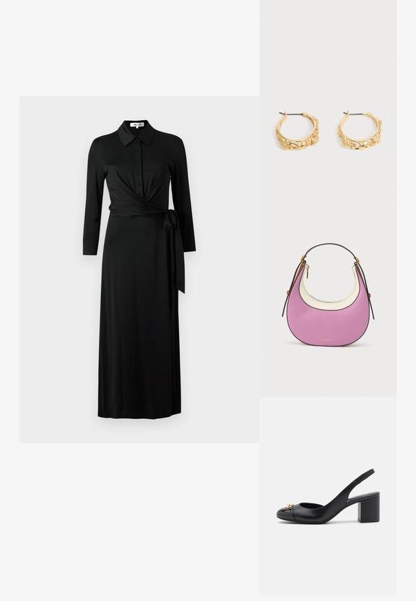 Must elsekleid musta värviga, mis on valmistatud siledast kangast, millel on krae, nööbiga ees, pikad varrukad, vöö ja täispikk seelik.; Must musta slingback kingad, millel on ümar nina, plokk-kann ja kuldne aksessuaar peal. Sile tekstuur ja minimalistlik disain.; Lilla ja valget nahast poolkuu-kujuline käekott pruuni reguleeritava rihmaga ja kuldse tõmblukuga, valgel taustal eksponeeritud.; Kuldsed tooniga rõngaskujulised kõrvarõngad, millel on kaunistatud lille- ja lehevormiline reljeef neutraalsel taustal.
