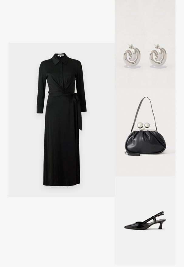 Zwarte wikkeljurk van gladde stof, met een kraag, knopen aan de voorkant, lange mouwen, een tailleband en een lange rok.; Zwarte lakleren slingback kitten heel schoen met spitse neus en verstelbare gouden gespsluiting op een witte achtergrond.; Zwarte leren handtas met een geplooid ontwerp, een enkele schouderband, zilverkleurige metalen omlijsting en twee grote ronde zilveren sluitingen.; Zilveren metalen oorbellen met een gedraaide ontwerp, met gladde oppervlakken en een gepolijste afwerking, beveiligd met een vlindersluiting.