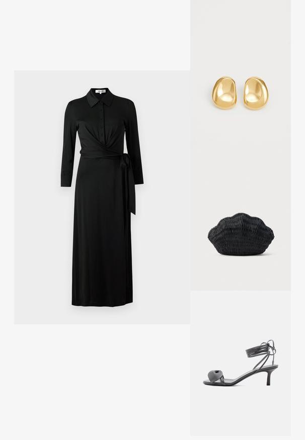 Vestido negro ajustado de tela suave, con cuello, botones en el frente, mangas largas, correa en la cintura y falda larga.; Sandalia de tacón de cuero gris con tira anudada en los dedos y cordones que se envuelven alrededor del tobillo, sobre un tacón delgado de altura media, sobre fondo blanco.; Bolso de mimbre negro con forma de concha de vieira con parte superior curva y textura tejida sobre un fondo liso.; Pendientes de studs en color dorado con una forma suave y redondeada y una superficie reflectante, que exhiben un diseño minimalista y sin patrones visibles.