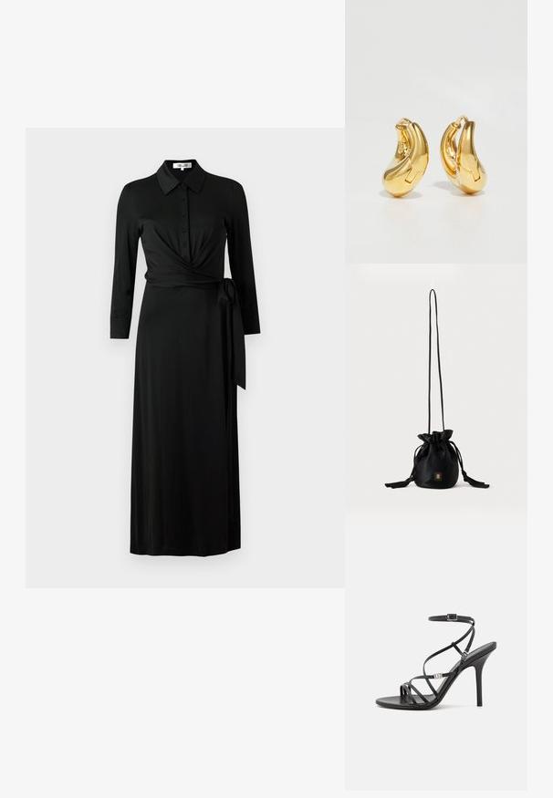 Vestido negro ajustado de tela suave, con cuello, botones en el frente, mangas largas, correa en la cintura y falda larga.; Sándalo negro de tacón alto con tiras finas, hebilla en el tobillo, superficie de cuero suave y tacón de aguja esbelto.; Bolso tipo bucket negro con cordón, con una correa larga y delgada y un pequeño logo cuadrado dorado en la parte delantera, mostrado sobre un fondo liso.; Pendientes de aro de oro con forma curva y suave, y acabado pulido. Presentan un mecanismo de cierre y ligeras indentaciones para un toque de detalle.