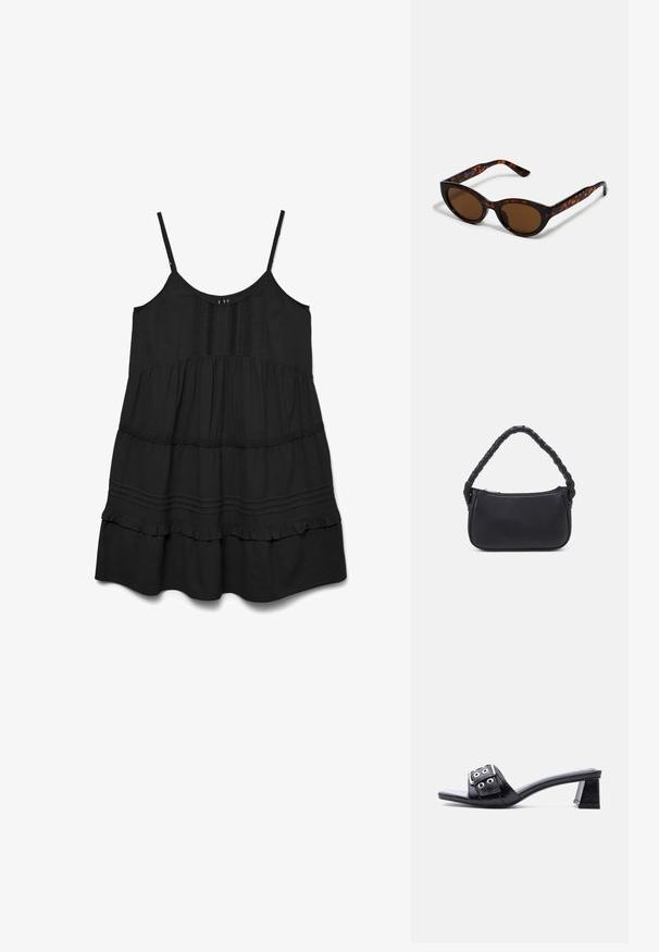 Vestido de verano negro sin mangas con tirantes finos, falda en capas, pliegues decorativos y detalles de encaje en la parte delantera del corpiño y la cintura.; Mule negro de punta abierta con tacón bajo de bloque y una amplia correa que presenta detalles de hebilla plateada y ojales, mostrado desde un lado.; Gafas de sol de carey marrón con una forma vintage de ojo de gato y lentes marrones. Presentan brazos curvados con acentos rojos.; Bolso negro de forma redondeada, hecho de material liso. Presenta un asa trenzada y un cierre de cremallera para un almacenamiento seguro.