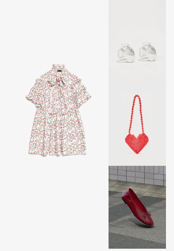 Bloemenjurk met een hoge gerimpelde kraag, korte mouwen en een getailleerde buste. Witte basis met een print van rode kersen en groene bladeren.; Rode leren balletschoen met een klein strikje op een gestructureerd trottoir vlakbij een betegelde muur, met een schaduw eronder.; Rode tas van kralen in de vorm van een hart met een bijpassende ketting van kralen tegen een effen witte achtergrond.; Zilveren oorknopjes in schelpvorm met textuuraccenten en gladde rondingen, voorzien van een doorzichtige achterkant voor een veilige bevestiging.