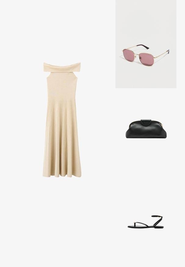 Robe midi beige sans manches en tricot côtelé avec un décolleté épaules dénudées et un corsage ajusté s'évasant sur une jupe plissée.; Sandale plate noire avec fines lanières, boucle d'orteil avec accent doré, et bride de cheville avec boucle dorée.; Lunettes de soleil à monture en métal doré avec des verres rectangulaires teintés violet et des embouts de branches noirs sur fond blanc.; Pochette en cuir noire avec armature métallique dorée et fermeture pression sur fond blanc.