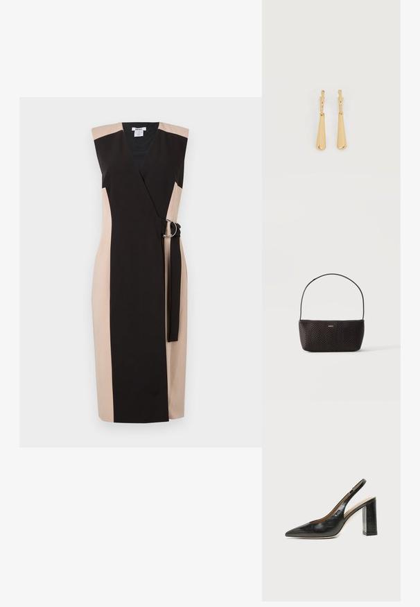 Robe sans manches noire et beige à enfiler, dotée d'une large ceinture avec un accent en forme d'anneau argenté, en tissu lisse et à silhouette ajustée.; Chaussure slingback en cuir noir à bout pointu avec un talon bloc haut et une doublure intérieure beige sur un fond clair uni.; Sac à main noir tissé texturé avec une seule bandoulière et un petit logo doré "BOSS" au centre devant.; Boucles d'oreilles pendantes en ton or avec des pendentifs lisses en forme de goutte allongée suspendus à de petites attaches en forme d'anneau sur un fond blanc.
