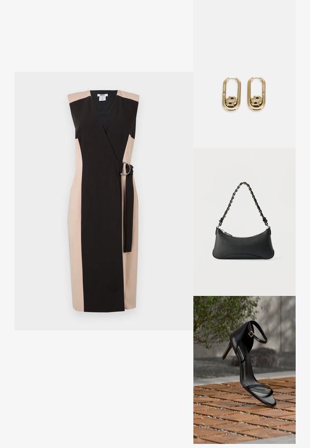 Schwarzes und beiges ärmelloses Wickelkleid mit einem breiten Gürtel und silbernem Ring-Akzent, aus glattem Stoff und mit körperbetontem Schnitt.; Schwarze Sandalette mit hohem Absatz und Knöchelriemen schwebt über einem Holzboden im Freien vor verschwommenem Grün und Steinhintergrund.; Schwarze Lederschultertasche mit gewölbter rechteckiger Form, goldener Kette, die in den geflochtenen schwarzen Riemen eingewebt ist, und Reißverschlussverschluss oben.; BOSS DOUBLE B SWING - Ohrringe - gold-coloured