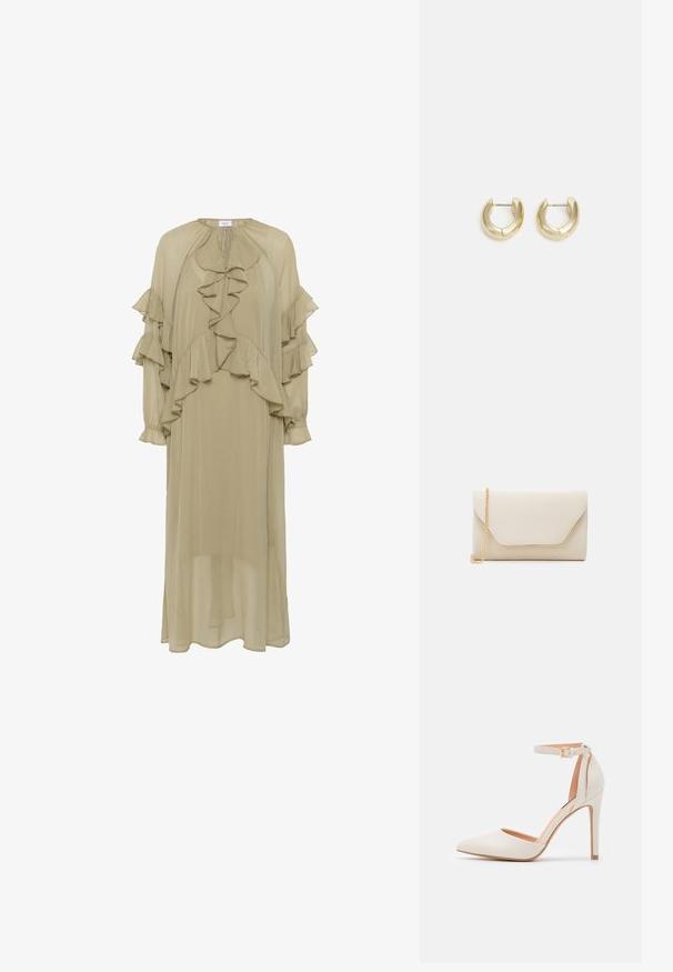 Vestido verde oliva hecho de tela ligera, con volantes en capas en las mangas y el frente, cuello alto y silueta larga.; Zapato de tacón alto de piel sintética blanca con punta afilada, tira en el tobillo con hebilla dorada y textura suave.; Bolso de mano beige con textura suave, correa de cadena dorada y una solapa estilo sobre con un ribete dorado en contraste.; Pendientes de aro en tono dorado con un acabado suave y pulido. Presentan una forma de medio círculo y un cierre de poste seguro.