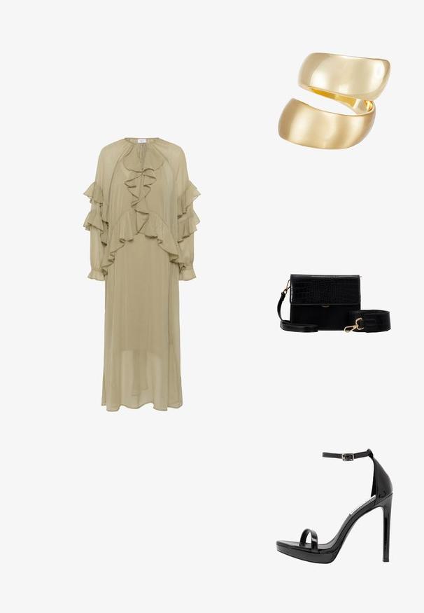 Vestido verde oliva hecho de tela ligera, con volantes en capas en las mangas y el frente, cuello alto y silueta larga.; Steve Madden MILANO - Sandalias de tacón - black; Bolso bandolera de faux cuero negro con textura de cocodrilo, herrajes dorados y una correa desmontable. Cuenta con un cierre de solapa y un compartimento interior.; Anillo en tono dorado que presenta dos bandas entrelazadas; la parte superior es pulida y reflectante, mientras que la parte inferior tiene un acabado mate.