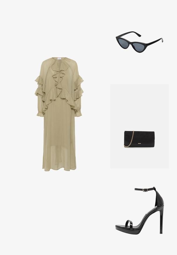 Vestido verde oliva hecho de tela ligera, con volantes en capas en las mangas y el frente, cuello alto y silueta larga.; Steve Madden MILANO - Sandalias de tacón - black; Gafas de sol negras en forma de ojo de gato con lentes gris oscuro, marco de plástico elegante, esquinas puntiagudas y patillas rectas. Sin herrajes ni acentos visibles.; Bolso de mano negro hecho de ante con un acabado texturizado, que presenta una cadena dorada y un diseño elegante y angular.