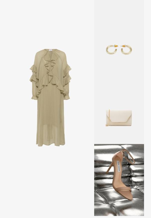 Robe vert olive en tissu léger, avec des volants superposés aux manches et à l'avant, un col montant et une silhouette longue.; Sandale à talons hauts nude avec une bride à la cheville et une texture lisse et brillante, posée sur un fond en argent métallique capitonné.; Pochette beige avec une texture lisse, une chaîne dorée et un rabat de style enveloppe avec un contour doré contrasté.; Boucles d'oreilles en métal doré en forme d'anneau, avec une finition lisse et arrondie. Elles possèdent des accents orange à l'arrière pour un maintien sécurisé.