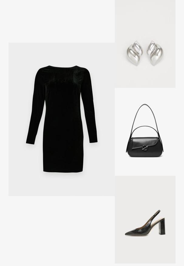 Schwarzes Samtkleid, lange Ärmel, runder Ausschnitt, figurbetontes Design, glatte Textur, knielang, keine sichtbaren Muster oder Verzierungen.; Schwarzer Leder-Slingback-Schuh mit spitzer Zehenpartie, Blockabsatz und kleinem Logo an der Seite, vor einfachem weißem Hintergrund.; Schwarze Lederschultertasche mit einer geschwungenen Klappe, die durch einen runden Metallverschluss gesichert ist, und einem schlanken, verstellbaren Riemen.; Silberne Ohrringe mit einer organischen, abstrakten Form. Glatte, glänzende Oberfläche mit einem konischen Design. Mit dezenten Kurven und einem zentralen Linienelement.