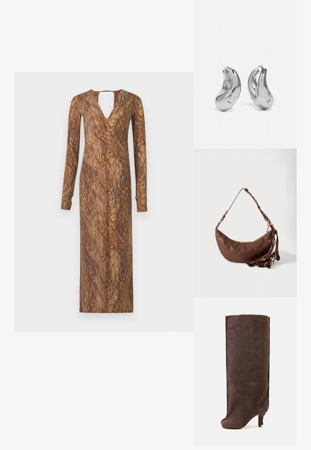 Langärmliges Kleid mit V-Ausschnitt und Ausschnitt auf der Rückseite, das eine fellartige braune Textur und Muster im gesamten Stoff aufweist.; Brauner Wildleder-Kniestiefel mit hohem Absatz, abgerundeter Spitze und schmalem Absatz vor schlichtem hellem Hintergrund.; Braune Lederschultertasche in Halbmondform mit goldenem Reißverschluss und mehreren Ledertasseln, die am Riemen vor weißem Hintergrund hängen.; Silberne Creolen mit einer gebogenen, glänzenden Oberfläche und einem nahtlosen Design. Verfügt über einen Scharnierverschluss für sicheren Halt.