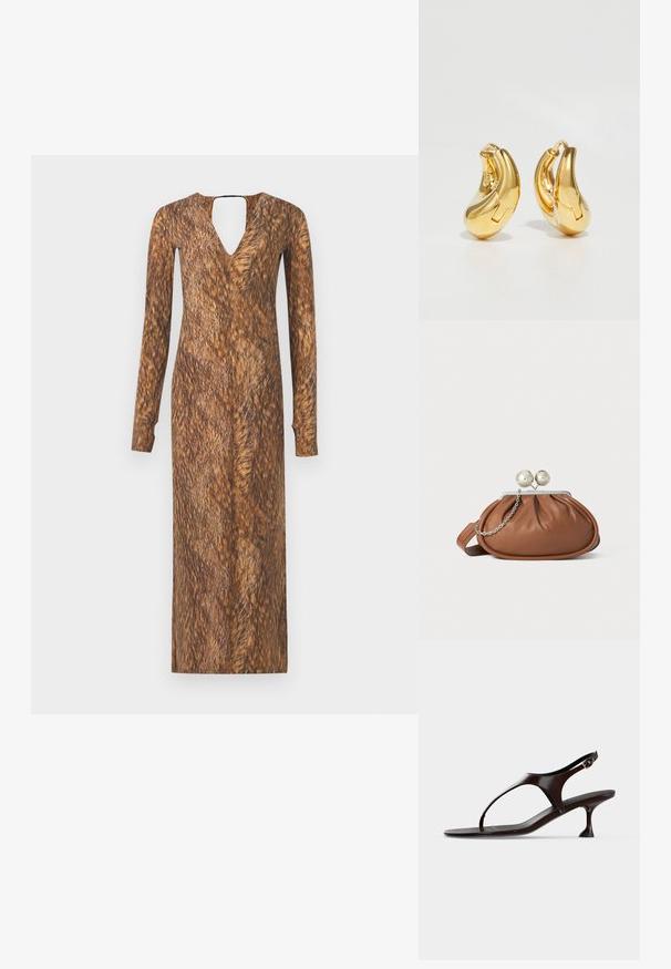 Langärmliges Kleid mit V-Ausschnitt und Ausschnitt auf der Rückseite, das eine fellartige braune Textur und Muster im gesamten Stoff aufweist.; Dunkelbraune Lackleder-Slingback-Sandale mit kittenabsatz und Zehensteg auf weißem Hintergrund.; Braune Leder-Clutch mit silbernem Kugelverschluss und einem kleinen silbernen Kettendetail auf weißem Hintergrund.; Goldene Creolen mit einer glatten, geschwungenen Form und polierter Oberfläche. Mit einem Verschlussmechanismus und leichten Einkerbungen für Details.