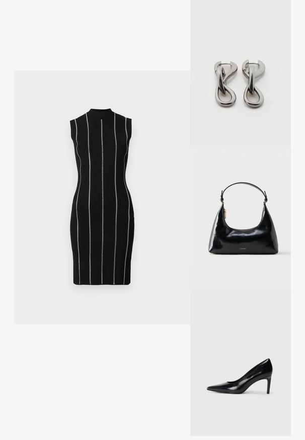 Robe noire côtelée avec des rayures blanches verticales, sans manches, col montant et silhouette ajustée.; Chaussure à talon haut en cuir noir avec un bout pointu, texture lisse et un talon effilé. Design minimaliste, sans embellissements supplémentaires.; Sac à main Calvin Klein noir brillant avec fermeture éclair dorée et anse courte sur fond blanc uni.; Paire de boucles d'oreilles en métal argenté avec un motif abstrait d'anneaux entrelacés sur fond blanc.