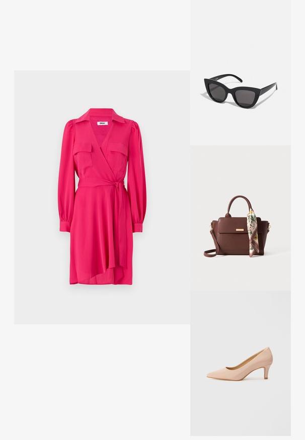 Rosa Wickelkleid mit langen Ärmeln, zwei Brusttaschen und einem Bindegürtel. Hergestellt aus glattem Stoff mit V-Ausschnitt und einem schwingenden Rock.; Spitz zulaufender, lackierter rosa High Heel mit niedrigem Absatz, der eine glatte, glänzende Oberfläche und einen subtilen, offenen V-förmigen Schnitt an der Vorderseite aufweist.; Schwarze Cat-Eye-Sonnenbrille mit matter Oberfläche, grauen getönten Gläsern, scharfen Kanten und schlanken Bügeln. Der Markenname ist auf dem inneren Bügel sichtbar.; Braune Lederhandtasche mit oberen Griffen und einem abnehmbaren Umhängeriemen. Enthält ein mit einem Blumenmuster versehenes Tuch, das am Griff gebunden ist. Goldene Hardware-Details.