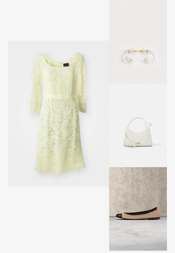 Robe en dentelle de couleur jaune pâle, avec des manches trois-quarts, un décolleté arrondi et une taille cintrée avec un motif floral texturé.; Chaussure plate beige avec bout et bordure noirs, flottant au-dessus d'un tapis crème dans une pièce avec des meubles couleur ambre.; Sac à main en cuir blanc avec une forme incurvée, orné de petites clous blancs le long de la poignée. Il dispose d'une longue sangle et d'un logo embossé à l'avant.; Boucles d'oreilles en acrylique transparent avec accents dorés, présentant un design incurvé et un fermoir transparent. Texture lisse, style minimaliste.