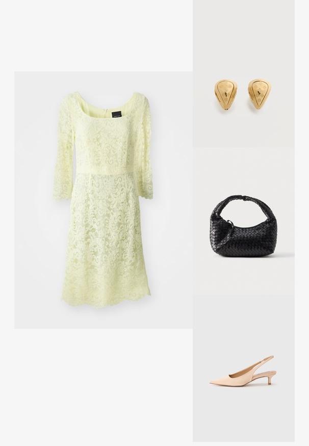 Robe en dentelle de couleur jaune pâle, avec des manches trois-quarts, un décolleté arrondi et une taille cintrée avec un motif floral texturé.; Escarpins slingback en cuir nude avec un bout pointu et un petit talon kitten. Texture lisse, design minimaliste et dos ouvert respirant.; Sac à main noir tissé de forme arrondie, finition texturée et poignée incurvée. Présente un logo discret en accent sur le devant.; Paire de boucles d'oreilles en forme de goutte d'eau dorées, ornées de motifs gravés floraux et géométriques sur un fond uni.