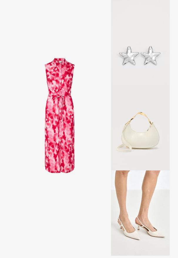 Mouwloze lange jurk met knopen, kraag en tailleceintuur, met een rood en roze aquarel bloemenpatroon.; Beige gepatineerde leren slingback hakken met een spitze neus en een hak van 5 cm, met uitsparingen aan de zijkanten en een dunne enkelband.; Crèmekleurige handtas in halve maanvorm met glanzend gouden korte handgreep en bijpassende lange draagriem op een effen lichte achtergrond.; Zilveren stervormige oorbellen met een gepolijste, glanzende afwerking. Elke oorbel heeft vijf punten en subtiele textuurdetails op het oppervlak.
