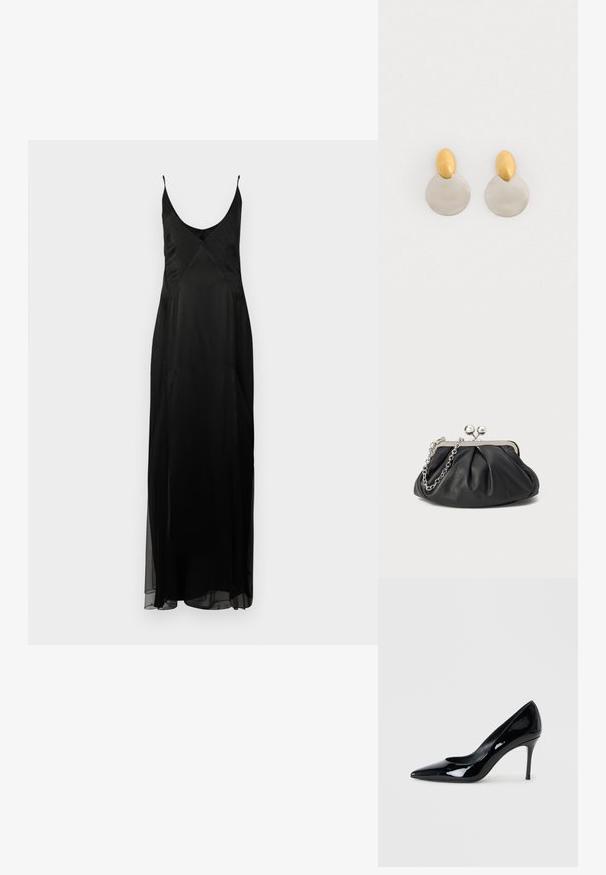Schwarzes Satin-Nachtkleid mit dünnen Trägern, tiefem V-Ausschnitt und einer bodenlangen A-Linien-Silhouette. Besitzt ein gepunktetes Texturmuster und einen vorderen Schlitz.; Schwarze Lacklederpumps mit spitzer Zehenpartie und schlankem Stiletto-Absatz. Glatte Textur mit glänzender Oberfläche und minimalistischem Design.; Schwarze Leder-Clutch mit geraffter Textur, silberfarbener Metallrahmen, Druckverschluss und Kettenriemen. Glatte, weiche Oberfläche.; Ohrringe aus Gold und Silber mit einer runden Diskusbasis und einem ovalen Oberteil, glatte Textur und polierte Oberfläche.
