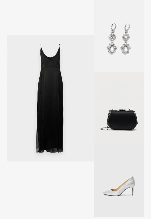 Vestido de satén negro tipo slip con tirantes finos, escote en V profundo y silueta A lineal de longitud completa. Presenta una textura de lunares y una abertura frontal.; Zapato de tacón alto plateado con brillos, punta afilada y forro interior suave. El tacón es delgado, realzando el diseño elegante.; Bolso de mano negro con un acabado mate suave, forma redondeada y una correa de cadena plateada. Presenta un detalle de cierre geométrico en la parte superior.; Pendientes de tono plateado que presentan múltiples piedras de cristal transparente en formas de lágrima y marquesa, con cierres de palanca y un detallado intrincado.