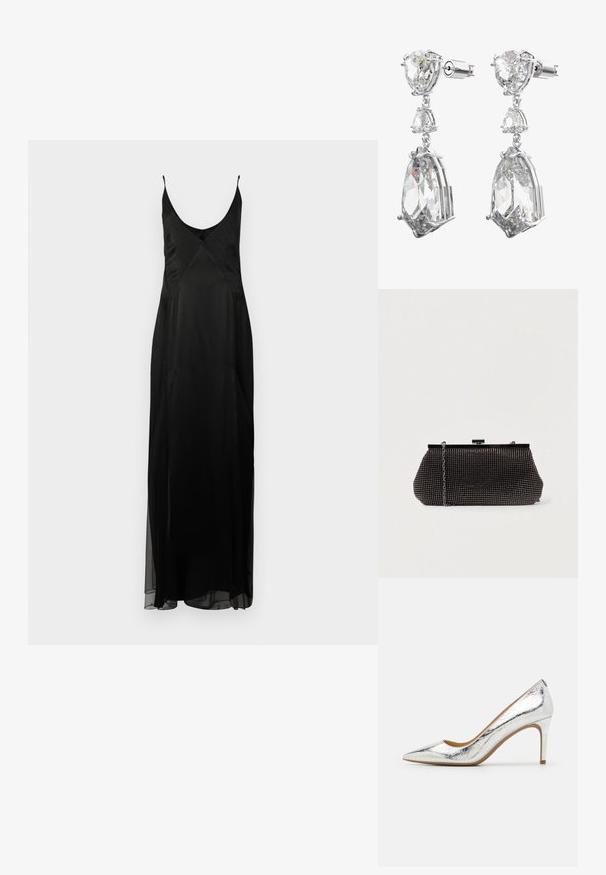 Schwarzes Satin-Nachtkleid mit dünnen Trägern, tiefem V-Ausschnitt und einer bodenlangen A-Linien-Silhouette. Besitzt ein gepunktetes Texturmuster und einen vorderen Schlitz.; Silberne, metallisch glänzende Pumps mit spitzem Zehenbereich, glatter Oberfläche, 10 cm Absatzhöhe und dezentem Faltenmuster auf der Oberfläche.; Schwarze Mesh-Clutch mit strukturierter Silhouette, verziert mit kleinen metallic-nieten, besitzt einen Verschluss mit Klappe und einen abnehmbaren Kettenriemen.; Swarovski Ohrringe - silberfarben