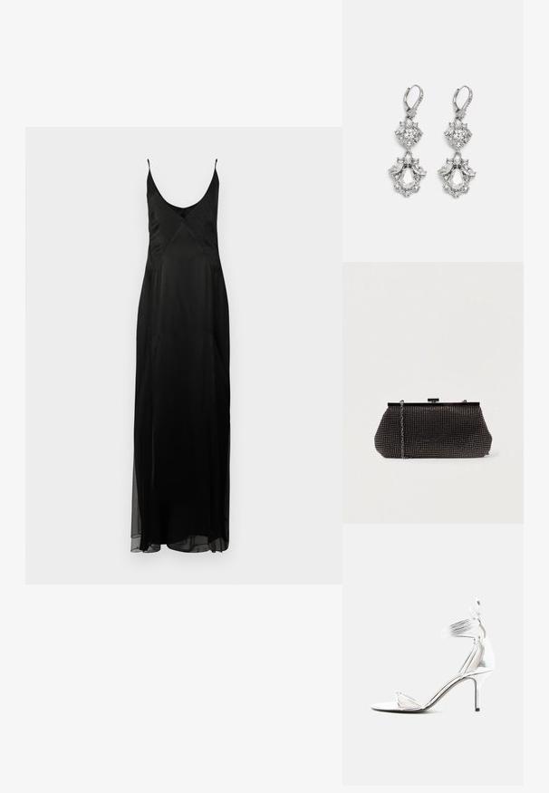 Robe nuisette en satin noir avec des fines bretelles, un décolleté en V profond et une silhouette A-line full-length. Présente une texture à pois et une fente à l'avant.; Sandale à talon haut argentée avec fines brides, tour de cheville et talon aiguille fin sur fond blanc uni.; Pochette noire en mesh avec une silhouette structurée, ornée de petits clous métalliques, dotée d'une fermeture à clip et d'une bandoulière en chaîne détachable.; Boucles d'oreilles en métal argenté ornées de plusieurs pierres précieuses en cristal transparent en forme de goutte et de marquise, avec des fermoirs à levier et des détails complexes.