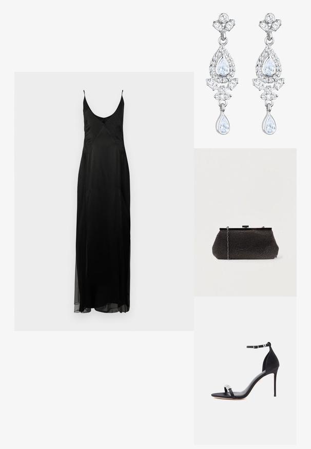 Schwarzes Satin-Nachtkleid mit dünnen Trägern, tiefem V-Ausschnitt und einer bodenlangen A-Linien-Silhouette. Besitzt ein gepunktetes Texturmuster und einen vorderen Schlitz.; Schwarze Satinsandalette mit hohem Absatz, dünnem Riemen, Knöchelschnalle und dekorativem Strassakzent am Zehenriemen.; Schwarze Mesh-Clutch mit strukturierter Silhouette, verziert mit kleinen metallic-nieten, besitzt einen Verschluss mit Klappe und einen abnehmbaren Kettenriemen.; Elli ANTIQUE DROP - Ohrringe - weiß