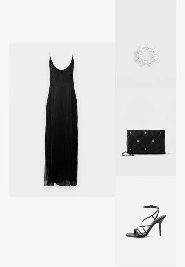 Zwart satijnen slipdress met dunne banden, een diepe V-hals en een volle A-lijn silhouet. Heeft een stippenstructuur en een voorkant split.; Zwarte hoge hakken sandaal met dunne banden, een enkelgesp, een gladleren oppervlak en een slanke stilettohak.; Zwarte gewatteerde satijnen clutch met zilveren piramide studs, kettingriem, rechthoekige vorm en een gladde textuur. Afmetingen van 10 cm x 18 cm x 4 cm.; Ronde broche met meerdere peervormige heldere kristallen in een zilverkleurige metalen basis, met een speldsluiting aan de achterkant.