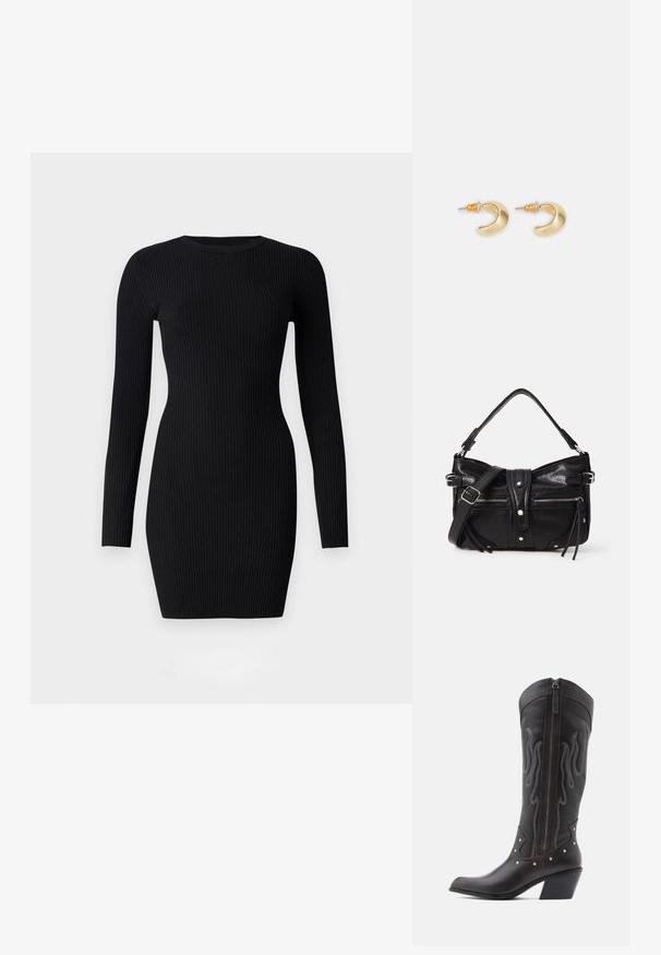 Good American VIRGO MINI DRESS - Φόρεμα σε ίσια γραμμή - black; Καφέ δερμάτινα καουμπόικα παπούτσια με κέντημα φλόγας, πλαϊνό φερμουάρ, ασημένια καρφιά, μυτερή μύτη και ψηλό τακούνι.; Even&Odd H24462 - Τσάντα χειρός - black; Χρυσά σκουλαρίκια σε σχήμα ημισέληνου με λεία επιφάνεια, που διαθέτουν πορτοκαλί λεπτομέρειες κοντά στον κρίκο και ασημένια εξαρτήματα.
