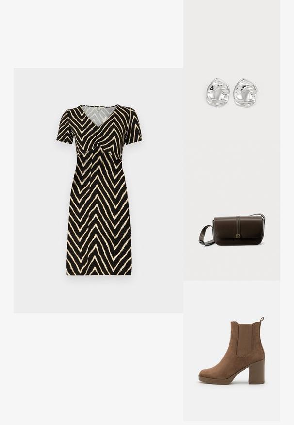 Robe à manches courtes noire avec un motif zigzag crème, dotée d'un col en V et d'un détail froncé au niveau de la poitrine, fabriquée en tissu doux.; Des bottes chelsea en daim marron présentent un talon épais, des panneaux latéraux élastiques et une languette à l'arrière pour un enfilage facile.; Sac bandoulière en cuir marron avec fermeture à rabat, garniture en métal doré et sangle réglable. Texture lisse avec un seul détail de couture.; Boucles d'oreilles en forme abstraite argentées avec une finition poli, présentant des courbes lisses et des contours subtils. Pas de motifs ou d'accents visibles.