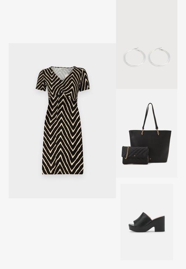 Vestido de manga corta en negro con un patrón de zigzag en crema, con escote en V y detalle fruncido en el busto, hecho de un tejido suave.; Las mulas de cuero negro con punta abierta cuentan con una amplia tira frontal y un chunky tacón alto con una textura suave. Se muestra la vista lateral.; Bolso tote de cuero sintético negro con dos asas resistentes y detalles en dorado, acompañado de un pequeño clutch negro acolchado con una correa de cadena.; Pareja de pendientes de aro plateados brillantes con cierres de alambre delgado, mostrados sobre un fondo gris claro.