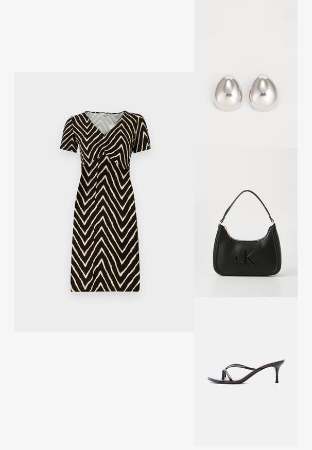 Vestido de manga corta en negro con un patrón de zigzag en crema, con escote en V y detalle fruncido en el busto, hecho de un tejido suave.; Sandalia de tacón de charol negro con tiras finas cruzadas y un tacón de aguja delgado de altura media, sobre un fondo blanco.; Bolso de mano de cuero negro con forma curva, que presenta una cremallera dorada y un sutil logo "cK" en relieve. Textura suave y un solo asa.; Pendientes de oreja metálicos plateados con un diseño suave y redondeado que recuerda a la forma de una gota, con una superficie reflectante y un acabado sin costuras.